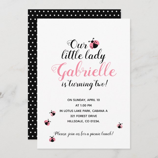 ANY AGE pink ladybug BIRTHDAY PARTY picnic Invitation (Front/Back)