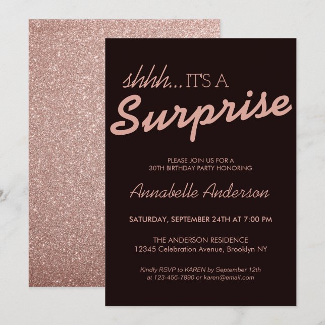 Any Age Pink Rose Gold Glitter Surprise Birthday Invitation (Front/Back)