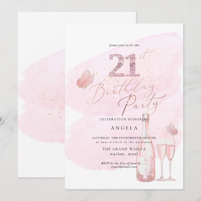 Any Age, Pink Watercolor Champagne 21st Invitation (Front/Back)