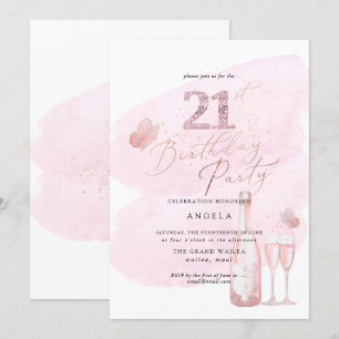 Any Age, Pink Watercolor Champagne 21st Invitation