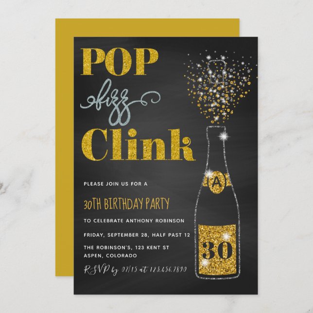 Any Age Pop fizz clink glitter chalkboard Birthday Invitation (Front/Back)