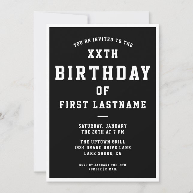 ANY AGE Preppy Birthday Invitation | Black & White (Front)