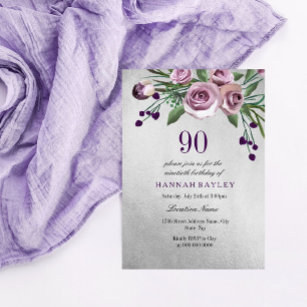 Any Age Purple Silver Rose 90th Birthday Invite