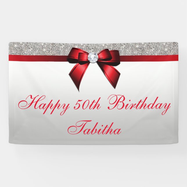 Any Age Red Bow Silver Sequins Birthday Banner (Horizontal)