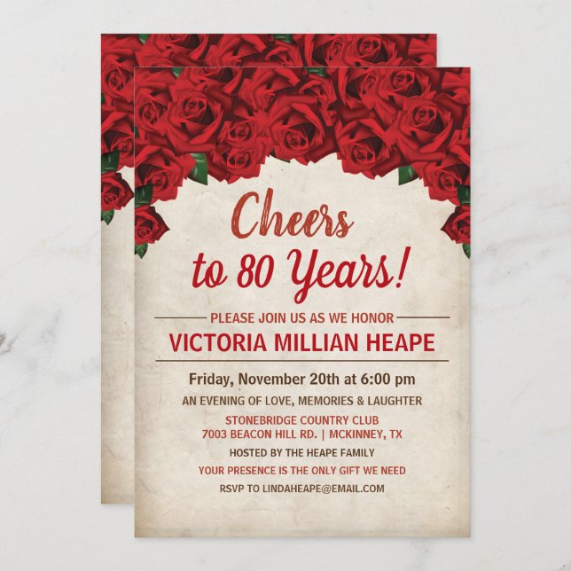 ANY AGE - Red Roses Milestone Birthday Invitation (Front/Back)