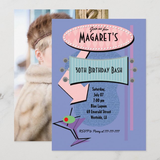 ANY AGE Retro Birthday Cocktail Party add photo Invitation (Front/Back)