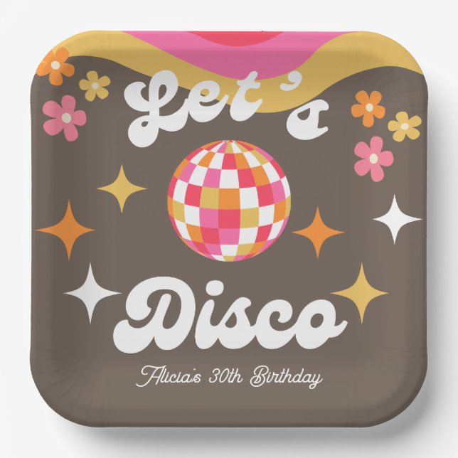 Any Age Retro Groovy 70s Let's Disco Birthday Paper Plate (Front)