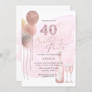 Any Age, Rose Gold Balloons Pink Diamonds Invitation