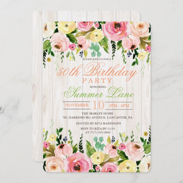 ANY AGE - Rustic Floral Birthday Invitation (Front/Back)