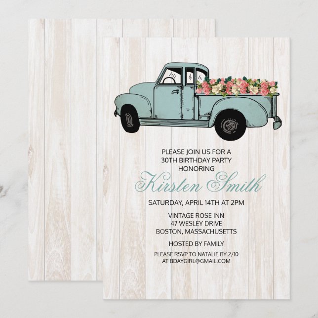 ANY AGE - Rustic Floral Truck Invitation (Front/Back)