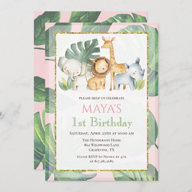 ANY AGE - Safari Animals Jungle Animals Birthday Invitation (Front/Back)