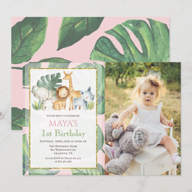 ANY AGE - Safari Animals Jungle Photo Birthday Invitation (Front/Back)