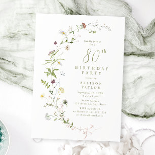 Any Age Sage Wildflower Rustic Boho 80th Birthday Invitation