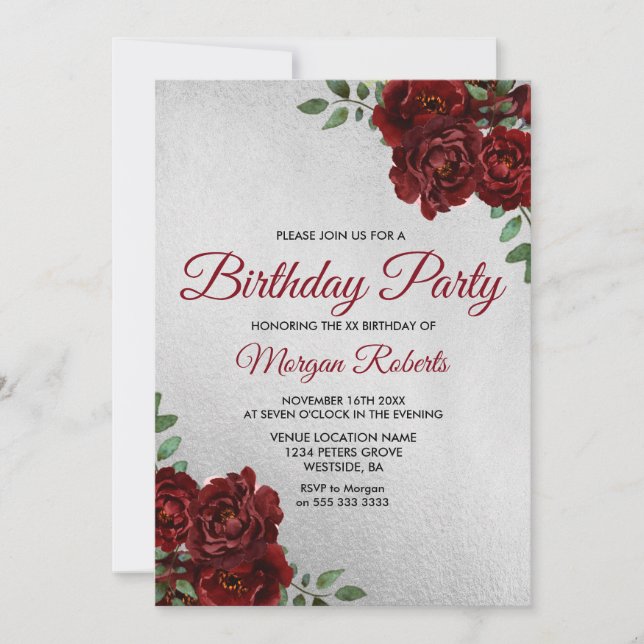Any Age Silver Foil Burgundy Rose Birthday Party Invitation (Front)