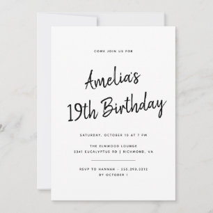 Any Age   Simple Black and White Script Birthday Invitation