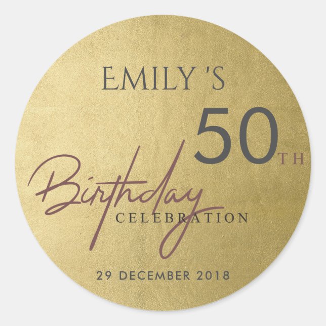 ANY AGE SIMPLE ELEGANT GOLD TYPOGRAPHY BIRTHDAY CLASSIC ROUND STICKER (Front)