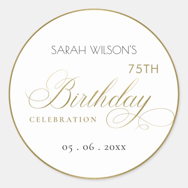 ANY AGE SIMPLE ELEGANT GOLD TYPOGRAPHY BIRTHDAY CLASSIC ROUND STICKER (Front)