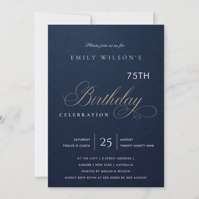 ANY AGE SIMPLE NAVY GOLD TYPOGRAPHY BIRTHDAY INVITATION (Front)