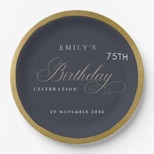 ANY AGE SIMPLE NAVY GOLD TYPOGRAPHY BIRTHDAY PAPER PLATE