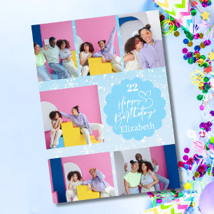 Any Age Snowy Blue 7 Photo Collage Birthday Card