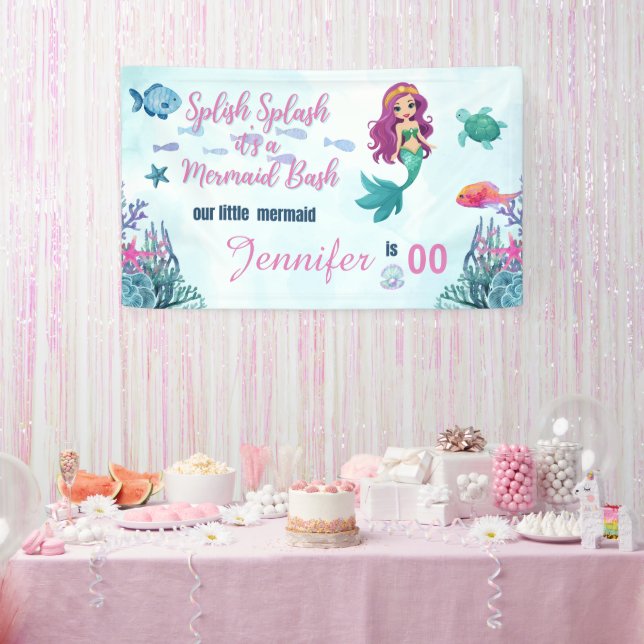 Any Age Splish Splash Mermaid Bash Girls Birthday  Banner (Party)