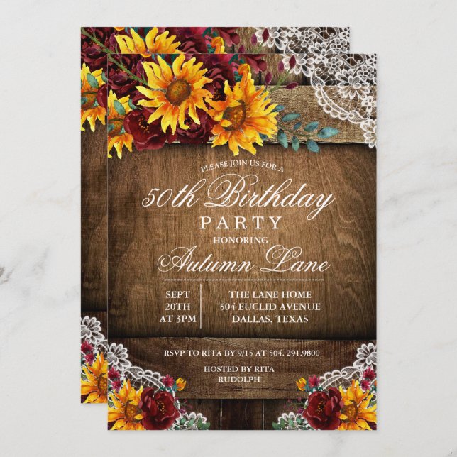 ANY AGE - Sunflower Lace Birthday Invitation (Front/Back)