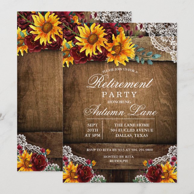 ANY AGE - Sunflower Lace Retirement Invitation (Front/Back)