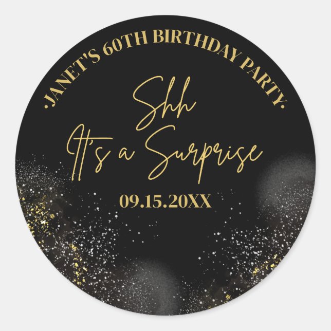 Any Age Surprise Birthday Black Gold Script Favour Classic Round Sticker (Front)