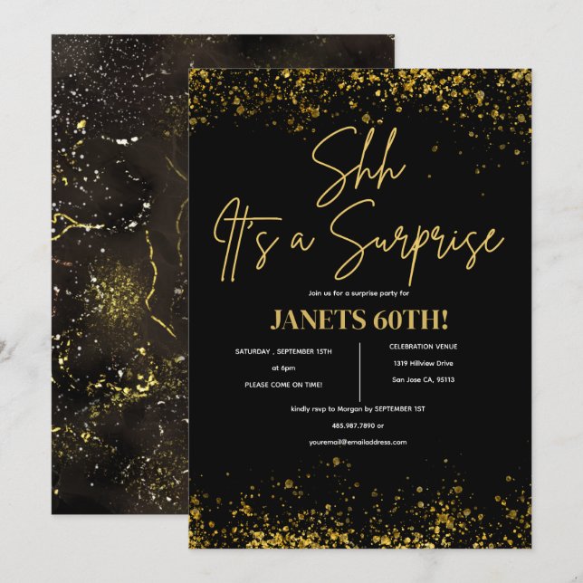 Any Age Surprise Birthday Black Gold Script White Invitation (Front/Back)