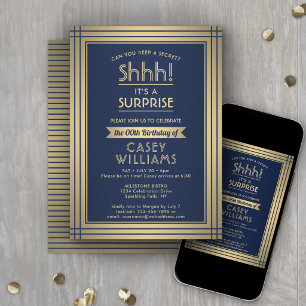 Any Age Surprise Birthday Elegant Navy Blue Gold Invitation