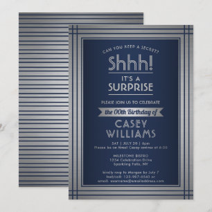 Any Age Surprise Birthday Elegant Navy Blue Silver Invitation