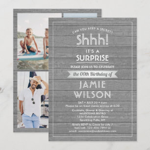 Any Age Surprise Birthday Grey Faux Wood Rustic Invitation