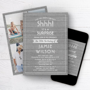 Any Age Surprise Birthday Grey Faux Wood Rustic Invitation