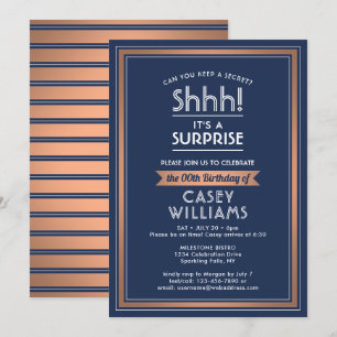 Any Age Surprise Birthday Navy Blue White Copper Invitation