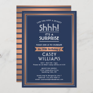Any Age Surprise Birthday Navy Blue White Copper Invitation