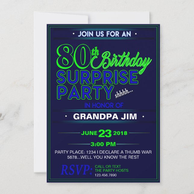 Any Age Surprise Party Invite - Shhh! Blue Green (Front)