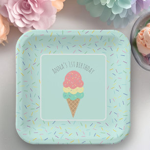 Any Age sweet one pink ice cream cone 1st birthday Paper Plate