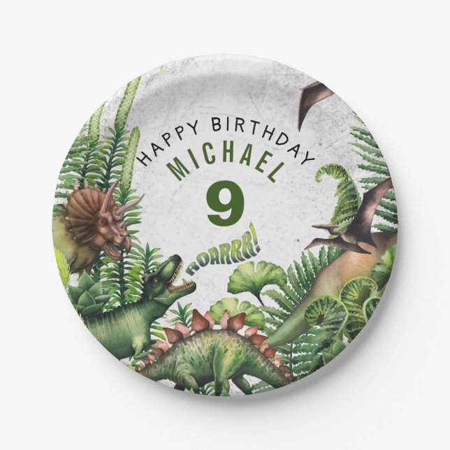 ANY AGE T-Rex Dinosaur Boy's Birthday Party Paper Plate (Front)