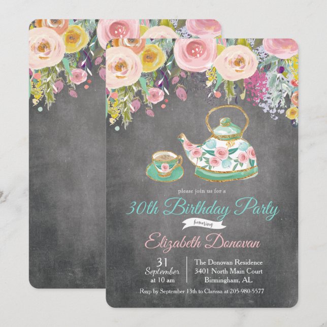 ANY AGE - Tea Party Floral Birthday Invitation (Front/Back)