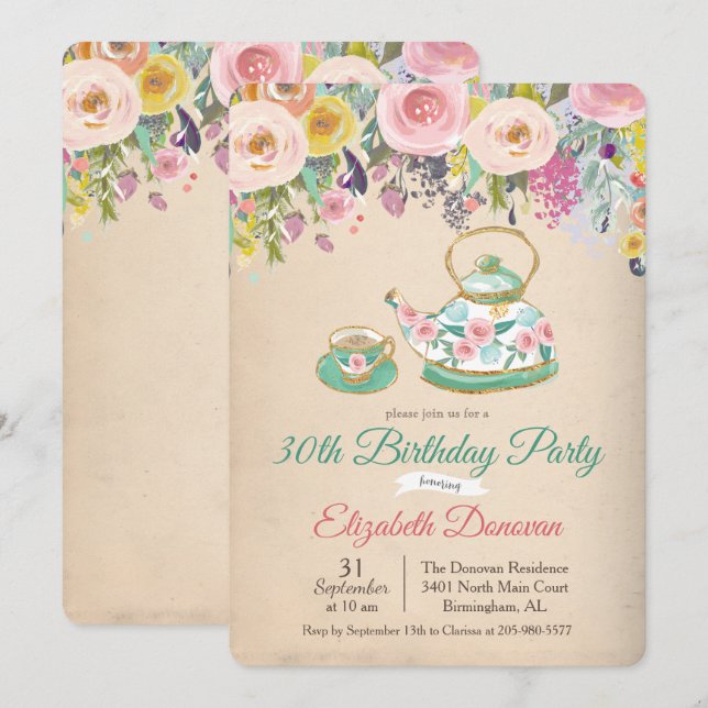 ANY AGE - Tea Party Floral Birthday Invitation (Front/Back)