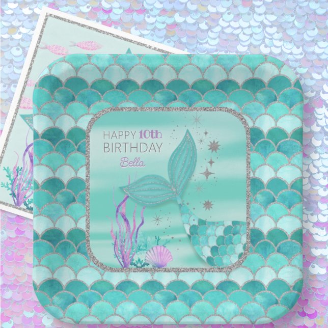 ANY AGE Teal Mermaid Silver Glitter Happy Birthday Paper Plate (Creator Uploaded)