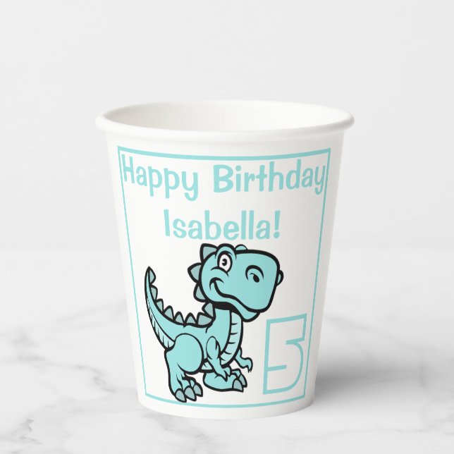 Any Age Teal T Rex Dinosaur Birthday Paper Cups (Front)