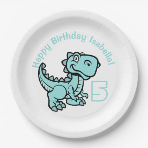 Any Age Teal T Rex Dinosaur Birthday Paper Plate