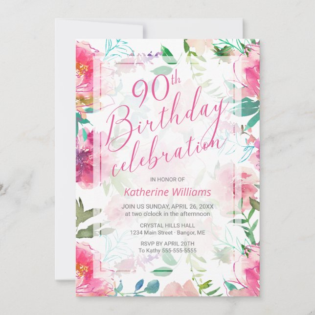 Any Age Tropical Floral Pink Peony 90th Birthday Invitation (Front)