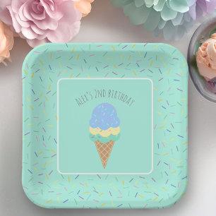 Any Age two sweet blue ice cream cone 2nd birthday Paper Plate
