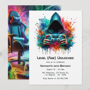Any Age Unlocked Colourful Gamer Gaming Birthday Invitation