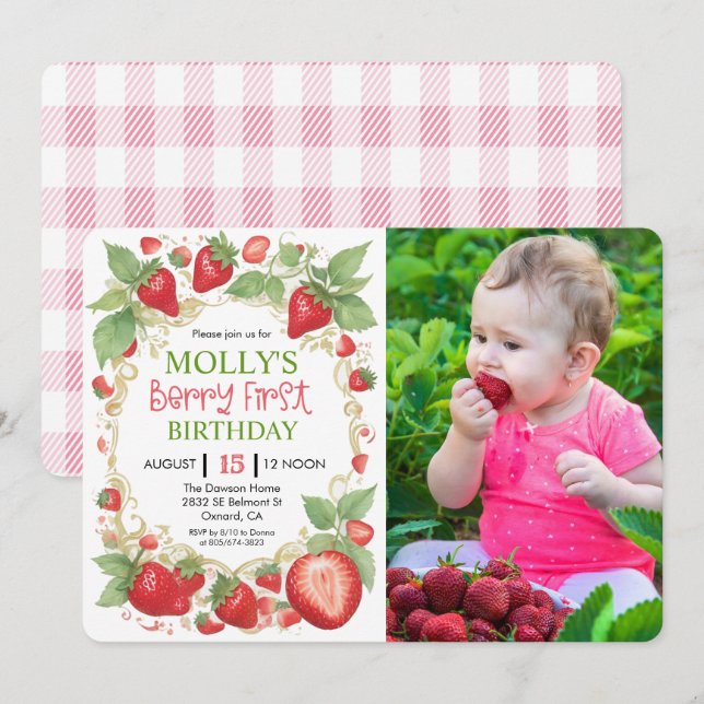 ANY AGE - Very Berry Strawberry Birthday Photo Invitation (Front/Back)