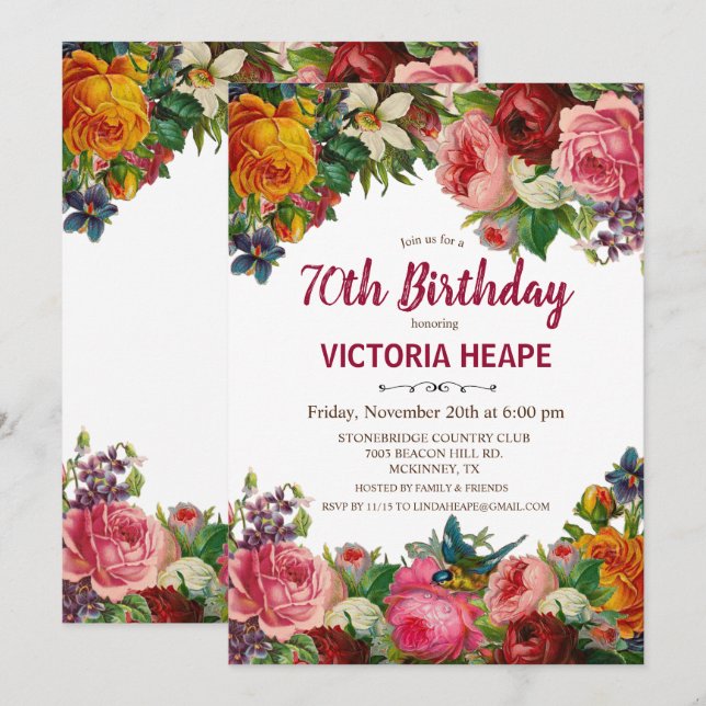 ANY AGE - Vintage Floral Birthday Invitation (Front/Back)