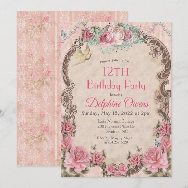 ANY AGE - Vintage Floral Birthday Invitation (Front/Back)