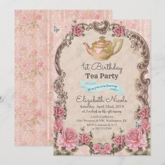 ANY AGE - Vintage Floral Tea Birthday Invitation (Front/Back)